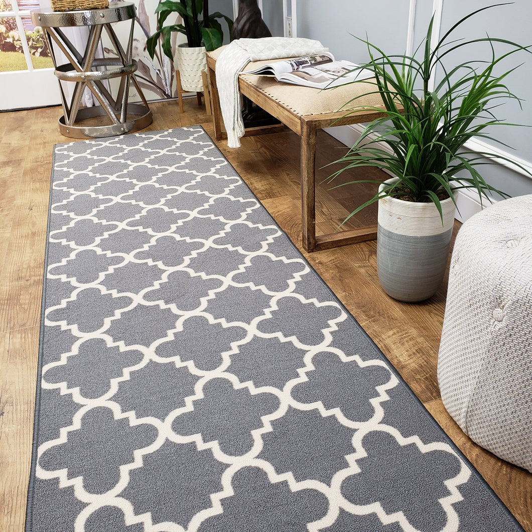 Runner Rug 2x7 Gray Trellis Kitchen Rugs and mats | Rubber Backed Non Skid Rug Living Room Bathroom Nursery Home Decor Under Door Entryway Floor Non Slip Washable | Made in Europe