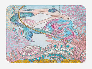 Ambesonne Mermaid Bath Mat, Cartoon Mermaid in Sea Sirens of Greek Myth Female Human with Tail of Fish Image, Plush Bathroom Decor Mat with Non Slip Backing, 29.5" X 17.5", Pink Blue