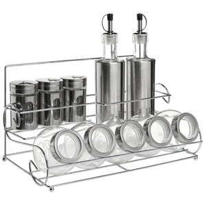 Organize with stainless steel condiment set with 2 oil cruets 3 spice shakers 5 glass canister jars and chrome rack