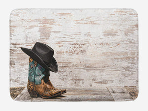 Ambesonne Western Bath Mat, Traditional Rodeo Cowboy Hat and Cowgirl Boots Retro Grunge Background Art Photo, Plush Bathroom Decor Mat with Non Slip Backing, 29.5" X 17.5", Brown Black