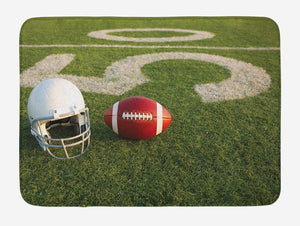Lunarable Sports Bath Mat, American Football on The Green Grass Field with The 50 Yard Line Pro Soprts, Plush Bathroom Decor Mat with Non Slip Backing, 29.5" X 17.5", White Green