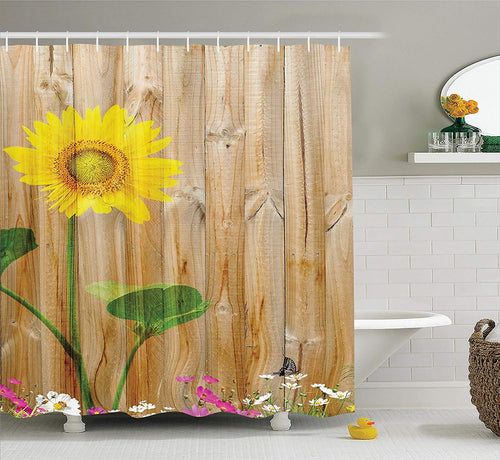 Sunflower Shower Curtain Set with Hooks by Ambesonne, Sunflower Painting on Wooden Background Vertical Timber Countryside Fence Picture Print, Yellow Green and Light Brown