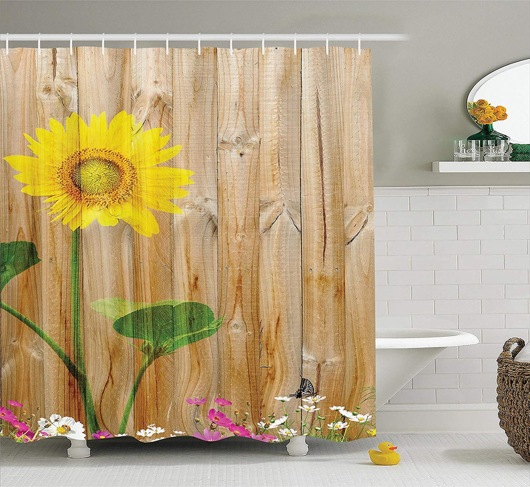 Sunflower Shower Curtain Set with Hooks by Ambesonne, Sunflower Painting on Wooden Background Vertical Timber Countryside Fence Picture Print, Yellow Green and Light Brown