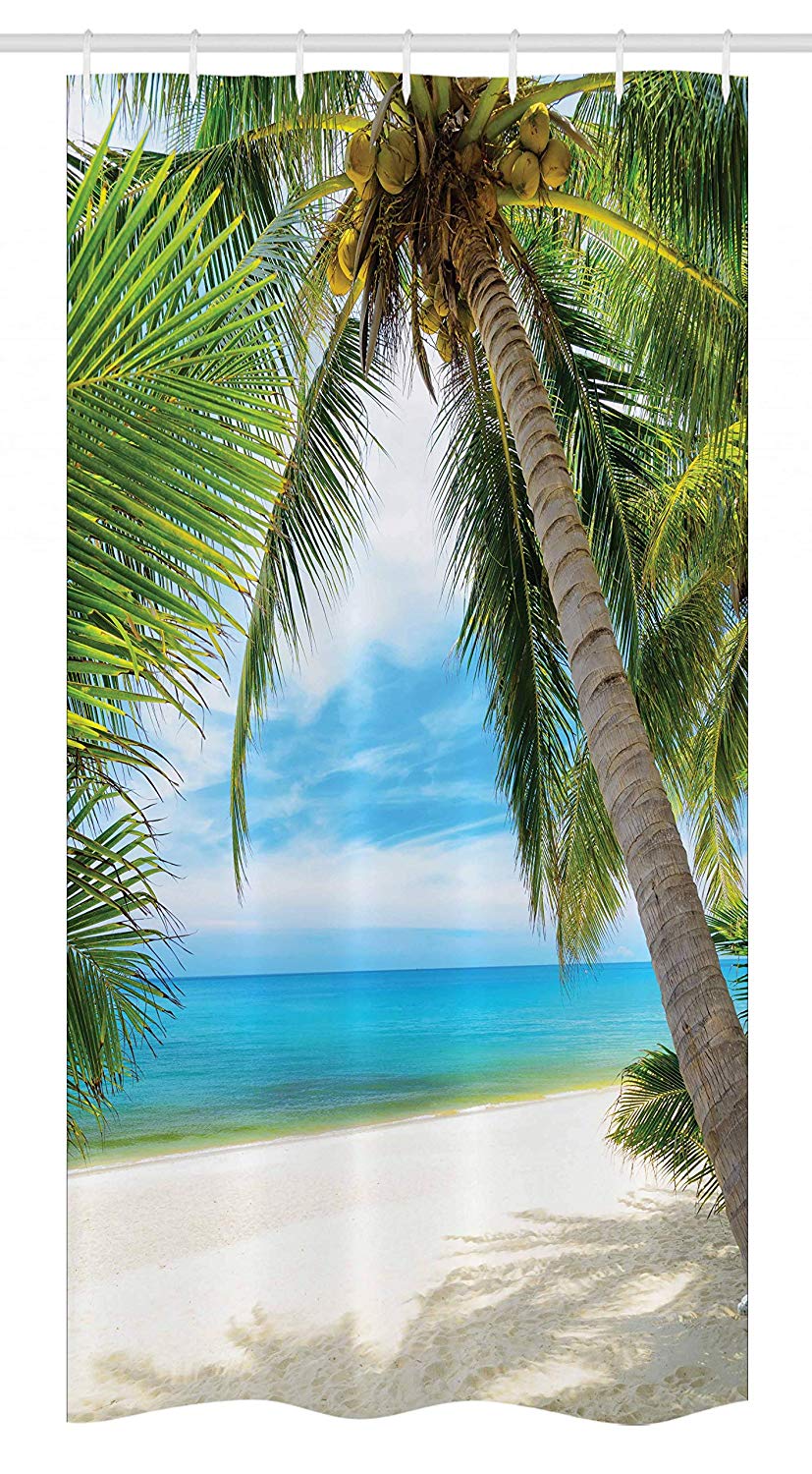 Ambesonne Ocean Stall Shower Curtain, Shadow Shade of a Coconut Palm Tree on White Sandy Seashore Image, Fabric Bathroom Decor Set with Hooks, 36