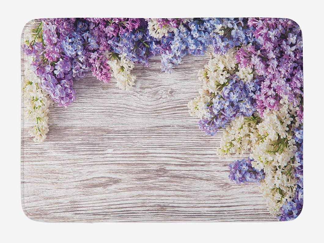 Ambesonne Rustic Bath Mat, Lilac Flowers Bouquet on Wood Table Spring Nature Romance Love Theme, Plush Bathroom Decor Mat with Non Slip Backing, 29.5