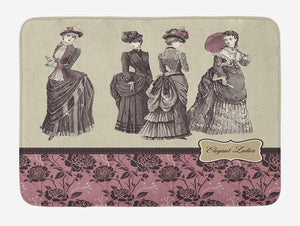 Ambesonne Victorian Bath Mat, Ladies Clothes Fashion History Dress Handbag Feather Gloves Floral Design Print, Plush Bathroom Decor Mat with Non Slip Backing, 29.5" X 17.5", Grey Rose