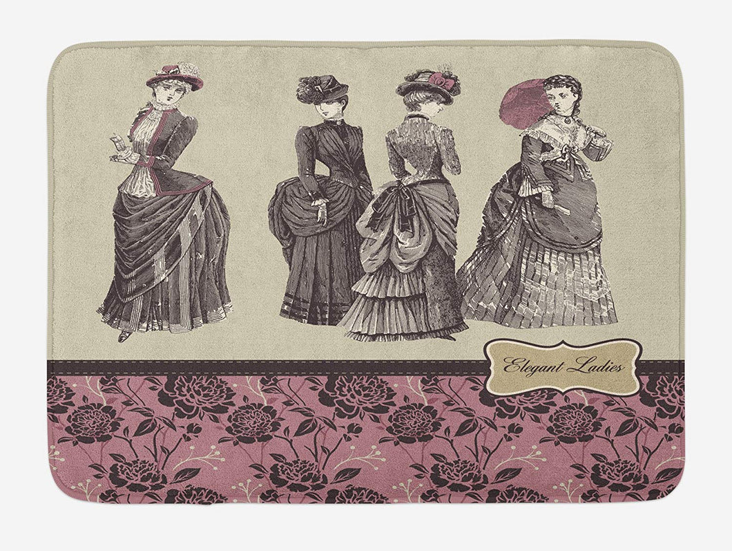 Ambesonne Victorian Bath Mat, Ladies Clothes Fashion History Dress Handbag Feather Gloves Floral Design Print, Plush Bathroom Decor Mat with Non Slip Backing, 29.5