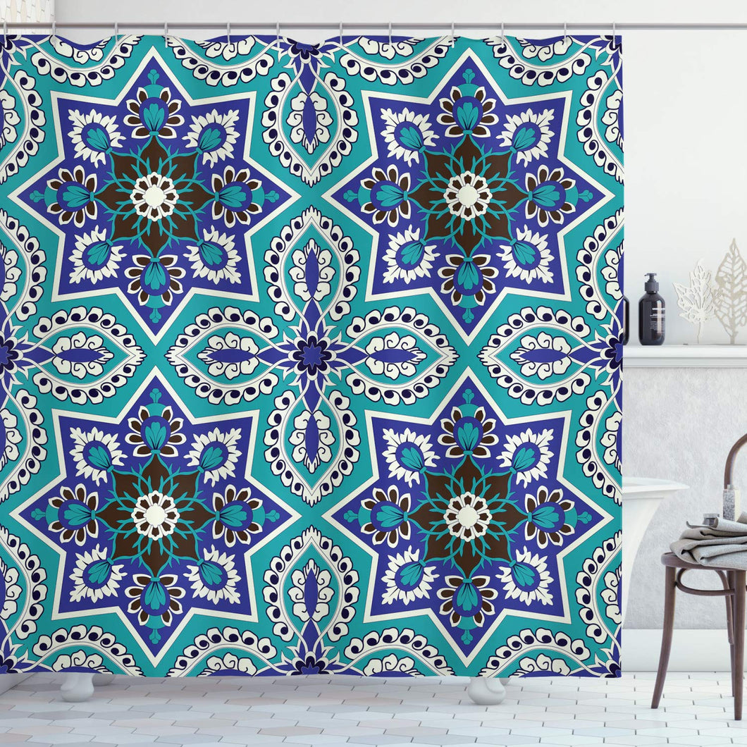Arabian Shower Curtain by Ambesonne, Arabesque Pattern Tradicional Art Design Geometry Persian Damask Inspired Design, Fabric Bathroom Decor Set with Hooks, 70 Inches, Turquoise