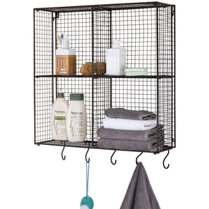 Kitchen mygift wall mounted brown metal wire 4 compartment storage rack with 5 s hooks