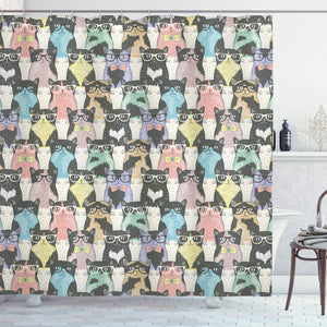 Ambesonne Funny Cartoon Decor for Children Collection, Playful Hipster and Cats with Glasses Design, Polyester Fabric Bathroom Shower Curtain Set with Hooks, BLack Teal Lilac