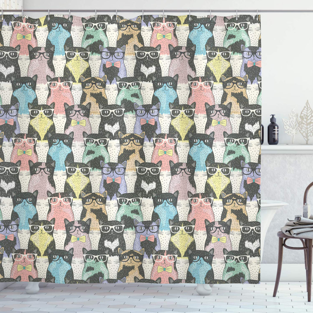 Ambesonne Funny Cartoon Decor for Children Collection, Playful Hipster and Cats with Glasses Design, Polyester Fabric Bathroom Shower Curtain Set with Hooks, BLack Teal Lilac