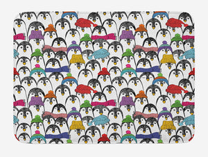 Ambesonne Sea Animals Bath Mat, Pattern with Penguins in Colorful Hats and Scarfs Cold Winter Fun Art, Plush Bathroom Decor Mat with Non Slip Backing, 29.5" X 17.5", Black Yellow