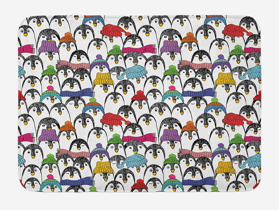 Ambesonne Sea Animals Bath Mat, Pattern with Penguins in Colorful Hats and Scarfs Cold Winter Fun Art, Plush Bathroom Decor Mat with Non Slip Backing, 29.5