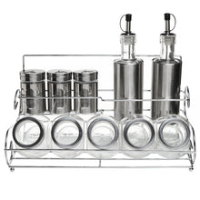 On amazon stainless steel condiment set with 2 oil cruets 3 spice shakers 5 glass canister jars and chrome rack