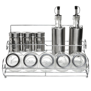 On amazon stainless steel condiment set with 2 oil cruets 3 spice shakers 5 glass canister jars and chrome rack