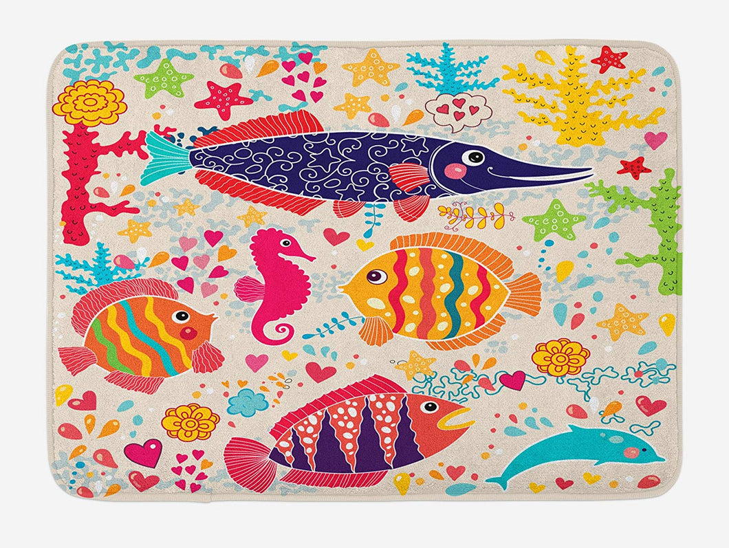 Ambesonne Sea Animals Bath Mat, Cartoon Art with Fish Seahorse Starfish Dolphin Coral Underwater Life Kids, Plush Bathroom Decor Mat with Non Slip Backing, 29.5