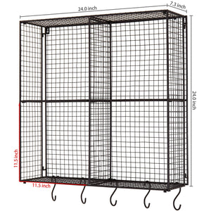 New mygift wall mounted brown metal wire 4 compartment storage rack with 5 s hooks