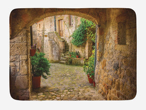 Lunarable Scenery Bath Mat, Landscape from Another Door Antique Style Stone Village Tuscany Italian Valley, Plush Bathroom Decor Mat with Non Slip Backing, 29.5" X 17.5", Pale Brown