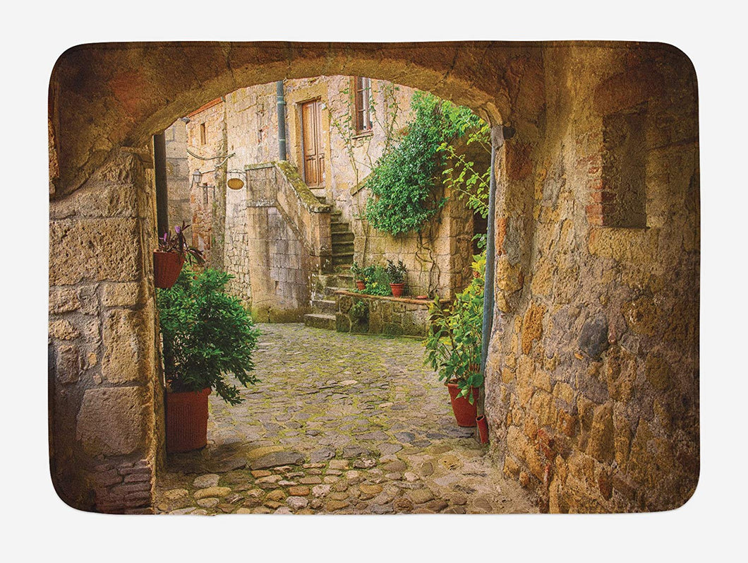 Lunarable Scenery Bath Mat, Landscape from Another Door Antique Style Stone Village Tuscany Italian Valley, Plush Bathroom Decor Mat with Non Slip Backing, 29.5