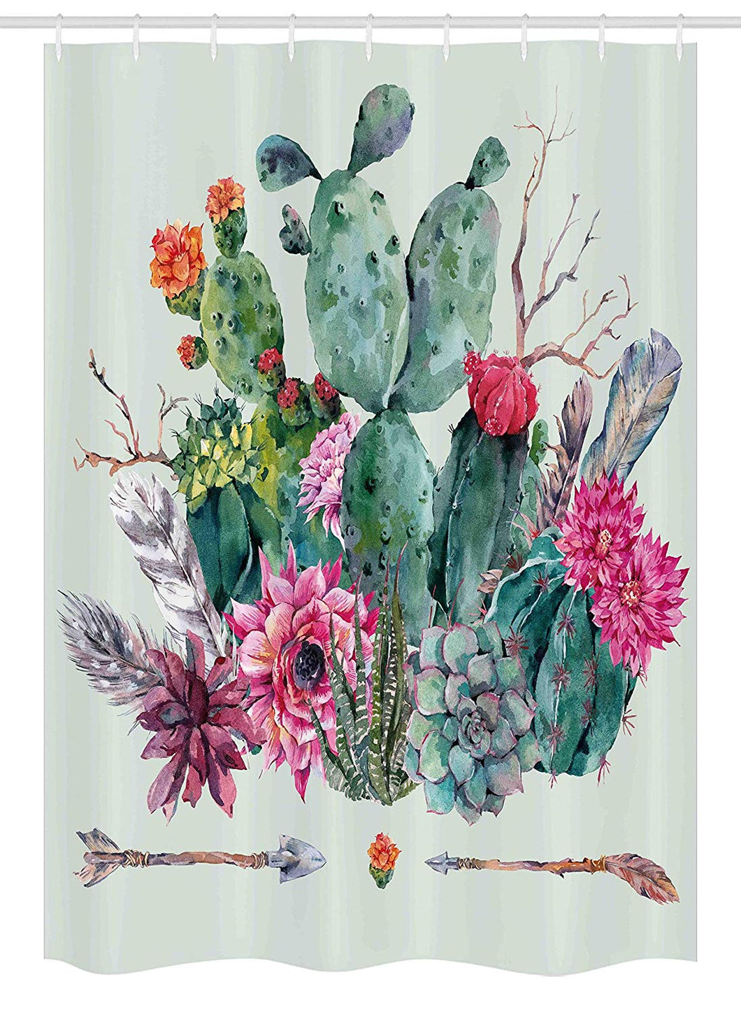 Ambesonne Cactus Stall Shower Curtain, Spring Garden with Boho Style Bouquet of Thorny Plants Blossoms Arrows Feathers, Fabric Bathroom Decor Set with Hooks, 54