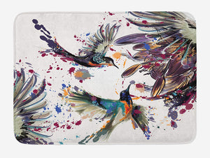 Ambesonne Hummingbird Bath Mat, Art with Lily Flowers Birds and Color Splashes in Watercolor Painting Style, Plush Bathroom Decor Mat with Non Slip Backing, 29.5" X 17.5", Orange Blue