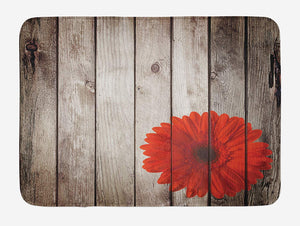 Lunarable Rustic Bath Mat, Flower Red Dahlia on Foreground of Murky Featured Dated Wooden Board Retro Art Print, Plush Bathroom Decor Mat with Non Slip Backing, 29.5" X 17.5", Brown