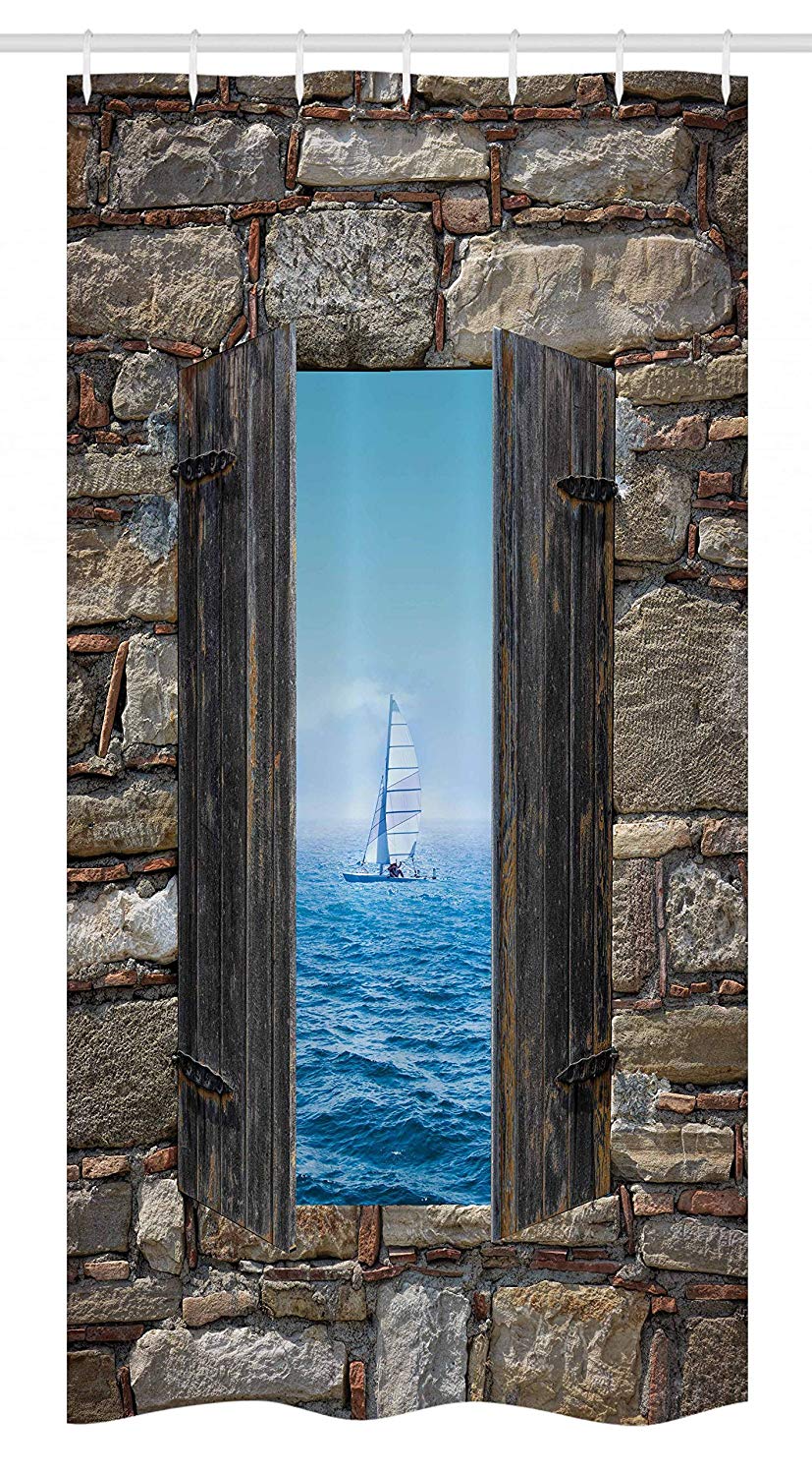 Ambesonne Nautical Stall Shower Curtain, Image of a Sailing Boat from Stone Window Narrow Perspective Idyllic Mediterranean, Fabric Bathroom Decor Set with Hooks, 36