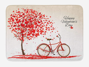 Ambesonne Valentines Day Bath Mat, Romantic Tree with Blooming Hearts with Bike and Petals Vintage Artwork, Plush Bathroom Decor Mat with Non Slip Backing, 29.5" X 17.5", Cream Vermilion