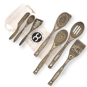 Exotic Pakkawood 7-Piece Kitchen Utensil Set with Spoon, Slotted Spoon, Spatula, Corner Spoon, Small Spoon, Small Spatula/Turner, Spreader - Earth Friendly Material - by Crate Collective (Beechnut)