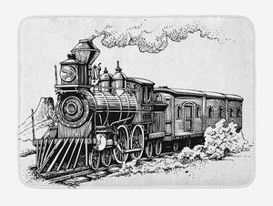 Ambesonne Steam Engine Bath Mat, Rustic Old Train in Country Locomotive Wooden Wagons Rail Road with Smoke, Plush Bathroom Decor Mat with Non Slip Backing, 29.5" X 17.5", Black and White