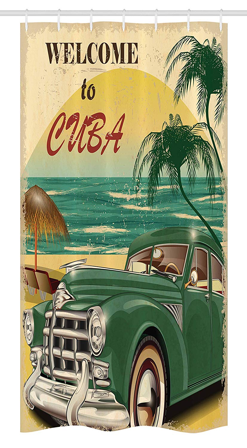 Ambesonne Retro Stall Shower Curtain, Nostalgic Welcome to Cuba Artsy Print with Classic Car Beach Ocean Palm Trees, Fabric Bathroom Decor Set with Hooks, 36 W x 72 L inches, Green Cream Yellow