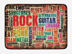 Ambesonne Music Bath Mat, Retro Rock Roll Lettering Grunge Distressed Colors Back Then Sound Music Theme, Plush Bathroom Decor Mat with Non Slip Backing, 29.5" X 17.5", Red Orange