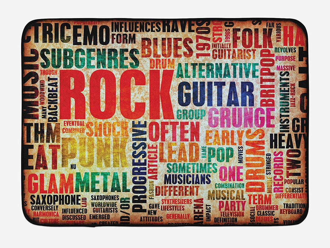 Ambesonne Music Bath Mat, Retro Rock Roll Lettering Grunge Distressed Colors Back Then Sound Music Theme, Plush Bathroom Decor Mat with Non Slip Backing, 29.5