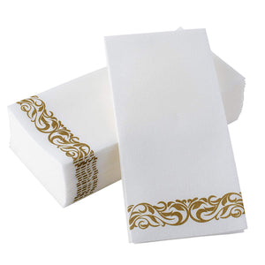 BloominGoods Disposable Hand Towels & Decorative Bathroom Napkins | Soft and Absorbent Linen-Feel Paper Guest Towels for Kitchen, Parties, Weddings, Dinners or Events | White and Gold (100-Pack)