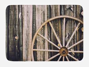 Ambesonne Barn Wood Wagon Wheel Bath Mat, Wooden Barn Door and Vintage Rusty Wheel Rustic Home Farm, Plush Bathroom Decor Mat with Non Slip Backing, 29.5" X 17.5", Black Brown