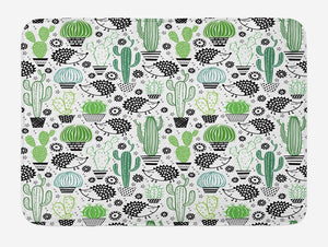 Ambesonne Cactus Bath Mat, Cartoon Style Inspired Drawing of Hedgehog Animals Saguaro and Prickly Pear, Plush Bathroom Decor Mat with Non Slip Backing, 29.5" X 17.5", Green White