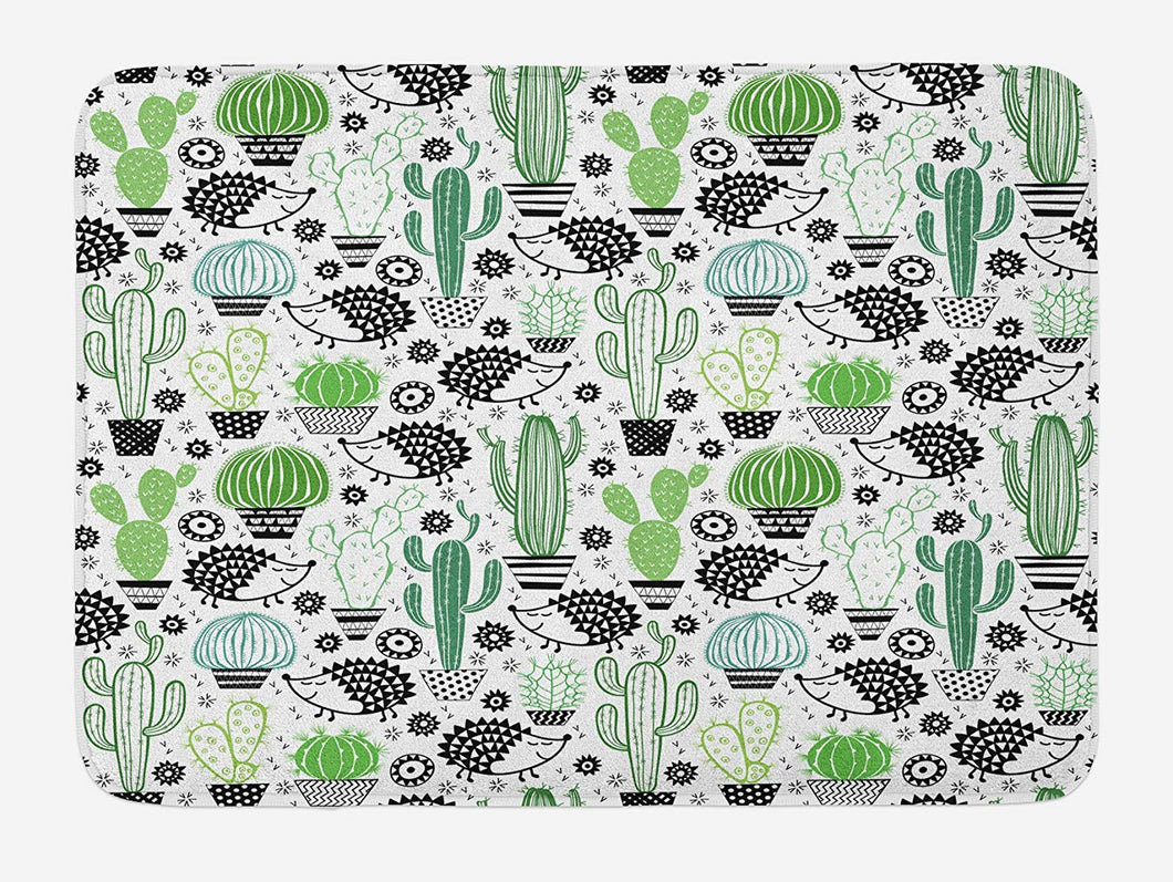 Ambesonne Cactus Bath Mat, Cartoon Style Inspired Drawing of Hedgehog Animals Saguaro and Prickly Pear, Plush Bathroom Decor Mat with Non Slip Backing, 29.5