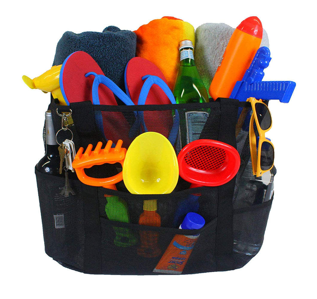 Large Mesh Beach Bag w/Zipper Pocket, Heavy Duty Quality, Use as Durable Multi-Purpose Tote Bag, 8 Pockets & Key Clip