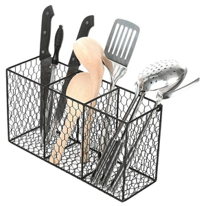 3 Compartment Rustic Chicken Wire Kitchen Utensil Holder Basket, Pantry Storage Rack, Black
