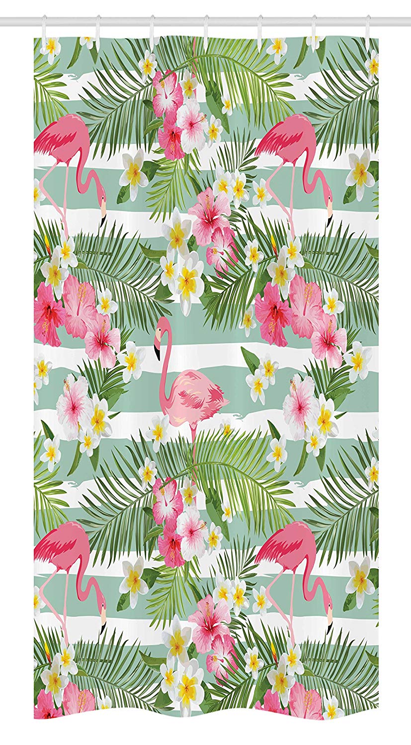 Ambesonne Flamingo Stall Shower Curtain, Flamingos with Exotic Hawaiian Leaves Flowers on Striped Vintage Background, Fabric Bathroom Decor Set with Hooks, 36