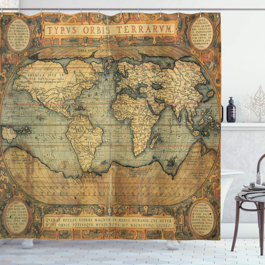 Ambesonne World Map Shower Curtain, Old Chart Vintage Composition of 16th Century Atlas Print, Cloth Fabric Bathroom Decor Set with Hooks, 75