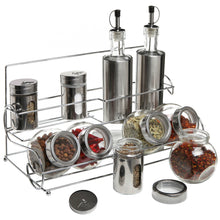 Order now stainless steel condiment set with 2 oil cruets 3 spice shakers 5 glass canister jars and chrome rack