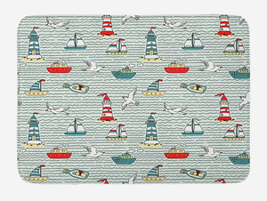 Ambesonne Lighthouse Bath Mat, Seagulls Lighthouses Message Bottles Steamboats Sailboats Wavy Pattern Nautical, Plush Bathroom Decor Mat with Non Slip Backing, 29.5" X 17.5", Teal Red