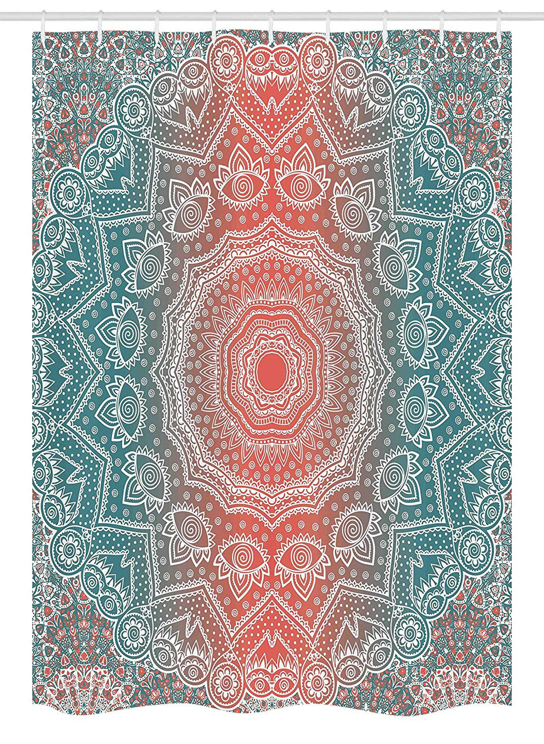 Ambesonne Coral and Teal Stall Shower Curtain, Modern Tribal Mandala Tibetan Healing Motif with Floral Geometric Ombre Art, Fabric Bathroom Decor Set with Hooks, 54