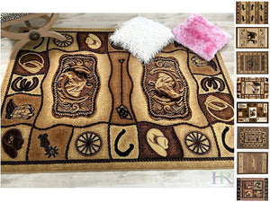 Handcraft Rugs Cabin Rug – Lodge, Cabin Nature and Animals Area Rug – Modern Geometric Pattern Cabin Area Rug – Abstract, Chocolate/Beige-Horse/Cowboy Boots-Hat/Horseshoe (4x5 feet)