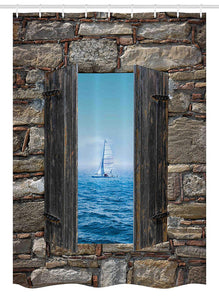 Ambesonne Nautical Stall Shower Curtain, Image of a Sailing Boat from Stone Window Narrow Perspective Idyllic Mediterranean, Fabric Bathroom Decor Set with Hooks, 54" X 78", Turquoise Brown