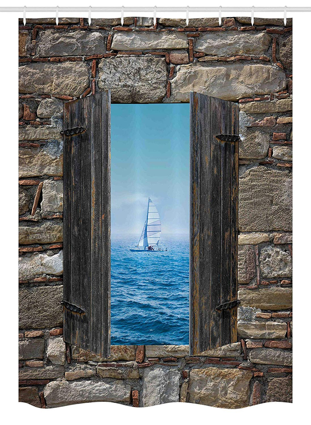 Ambesonne Nautical Stall Shower Curtain, Image of a Sailing Boat from Stone Window Narrow Perspective Idyllic Mediterranean, Fabric Bathroom Decor Set with Hooks, 54