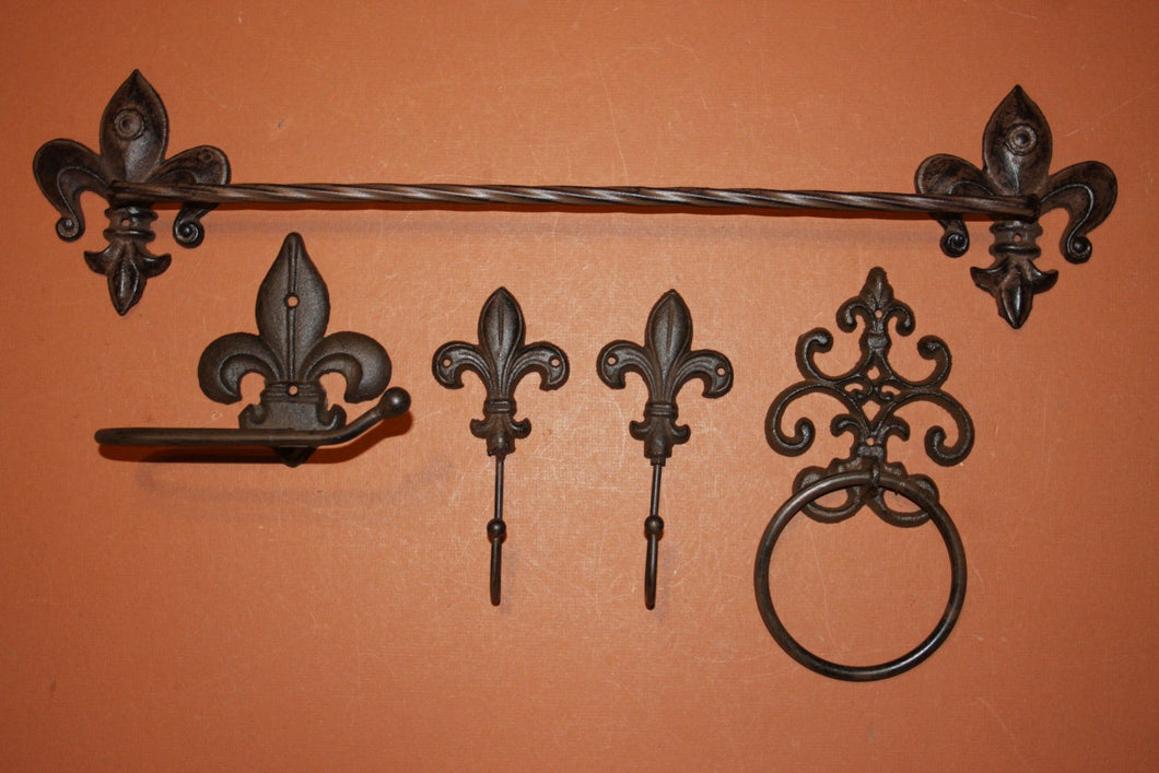 5) Vintage Look Cajun Bathroom Decor Solid Cast Iron Bath Accessories Towel Rack Towel Rings TP Holder set of 7 pieces
