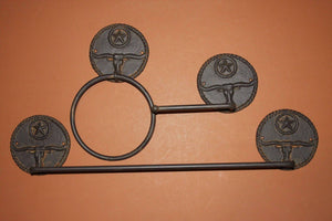 3) Texas Farm Ranch Rustic Longhorn Bath Accessories, Longhorn Toilet Paper Holder, Texas Towel Bar, Ranch House Towel Ring