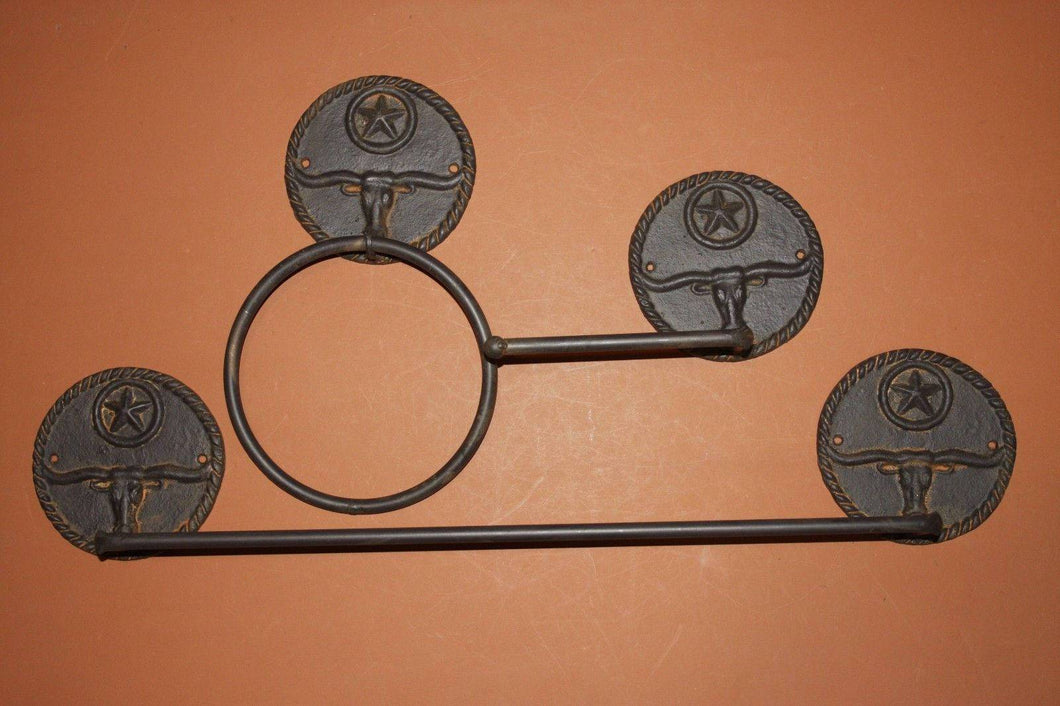 3) Texas Farm Ranch Rustic Longhorn Bath Accessories, Longhorn Toilet Paper Holder, Texas Towel Bar, Ranch House Towel Ring